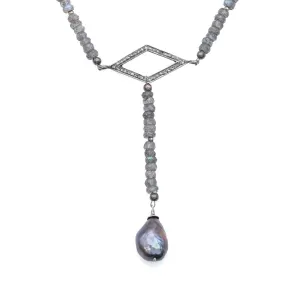 Estate Sterling Silver Moonstone, Pearl & Diamond Y Drop Pendant Necklace