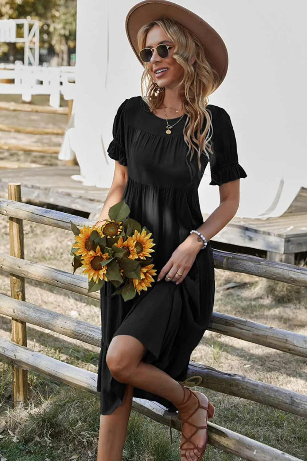 Flounce Sleeve Tiered Midi Dress