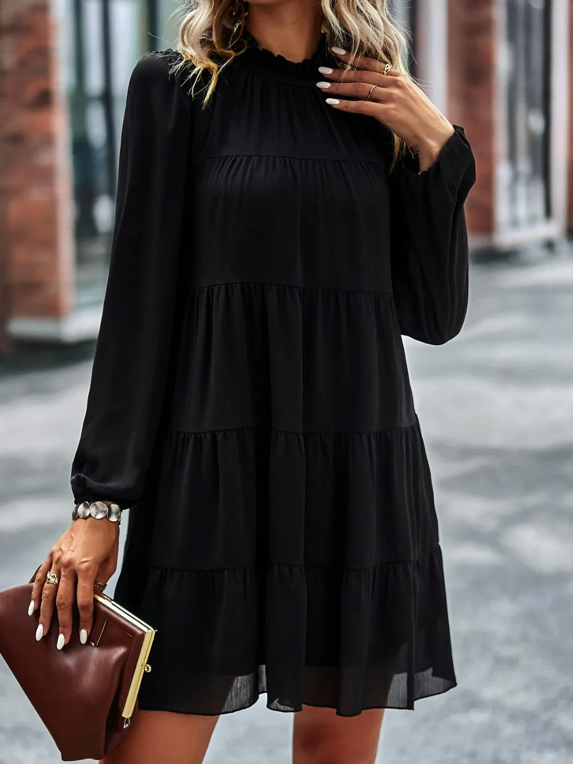 Frill Neck Puff Sleeve Tiered Dress