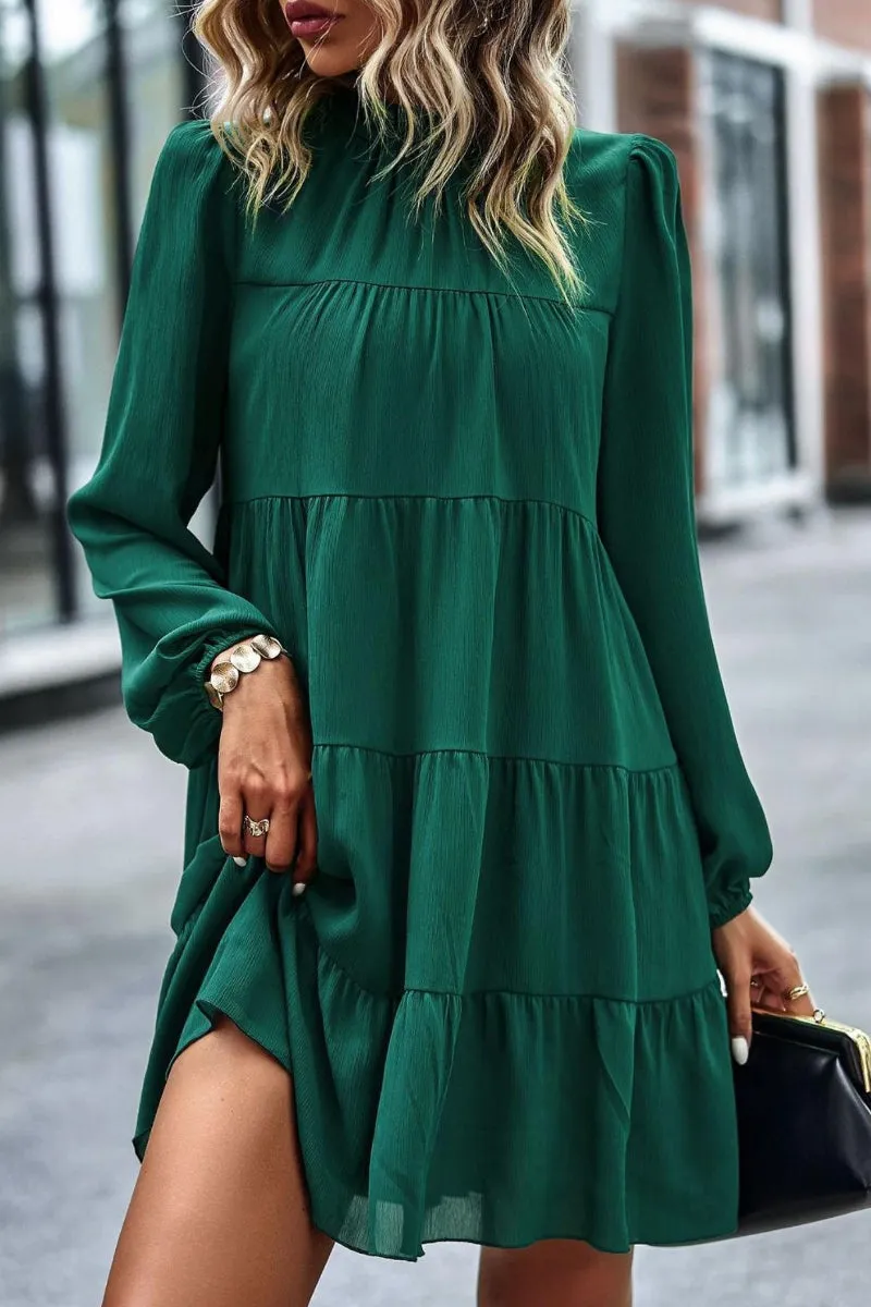 Frill Neck Puff Sleeve Tiered Dress