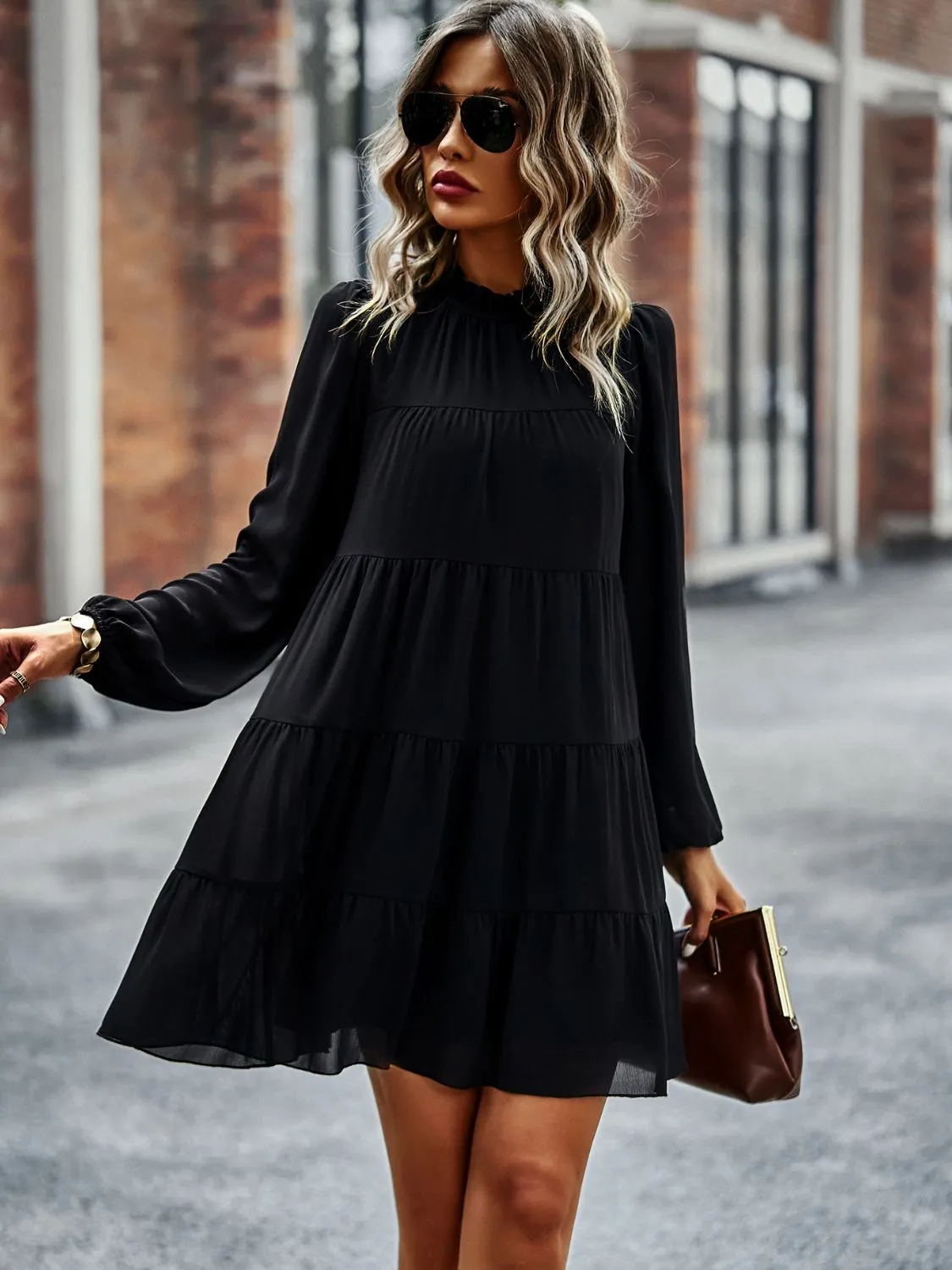 Frill Neck Puff Sleeve Tiered Dress