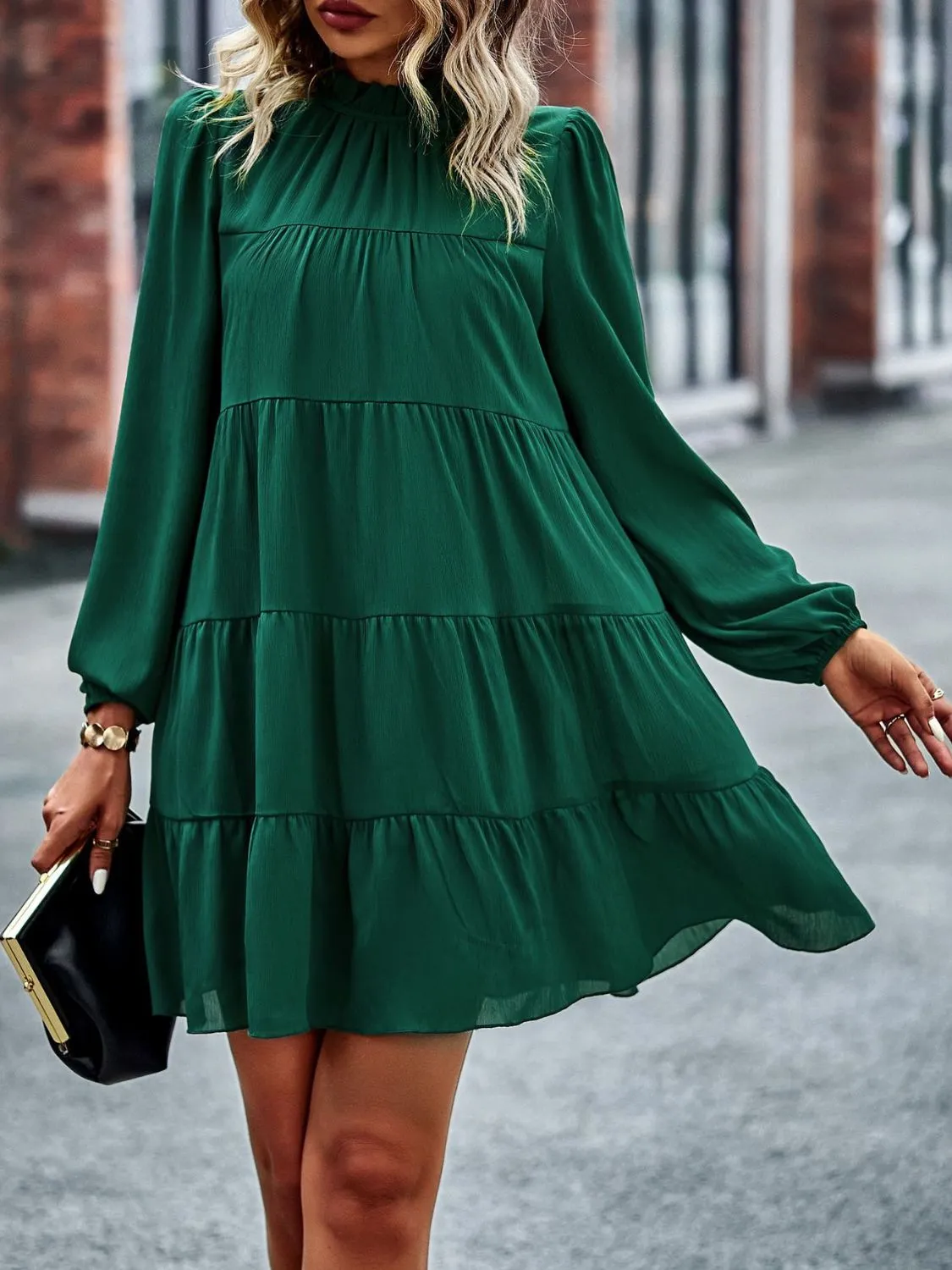 Frill Neck Puff Sleeve Tiered Dress