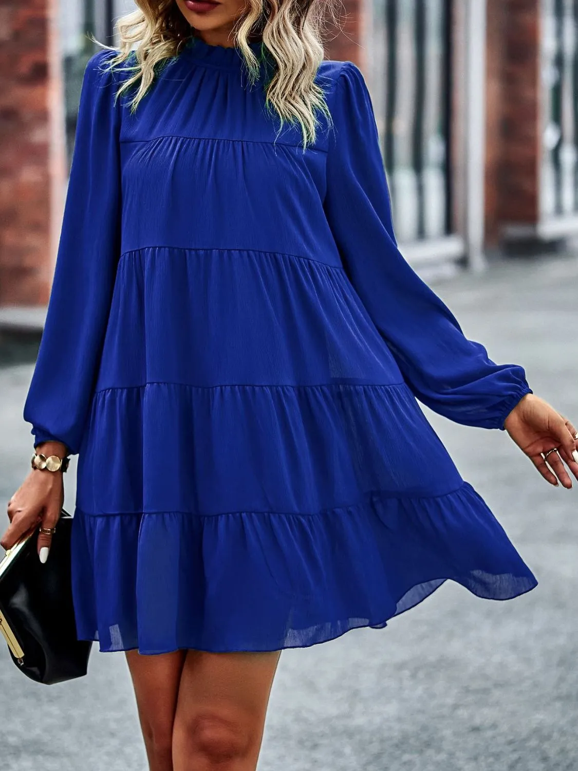 Frill Neck Puff Sleeve Tiered Dress