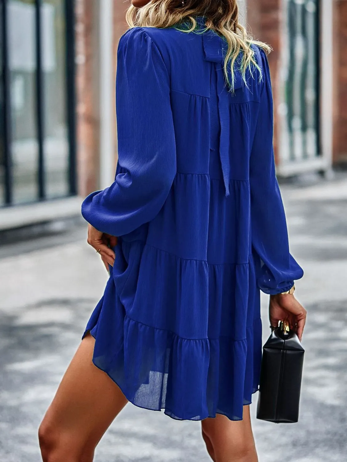 Frill Neck Puff Sleeve Tiered Dress