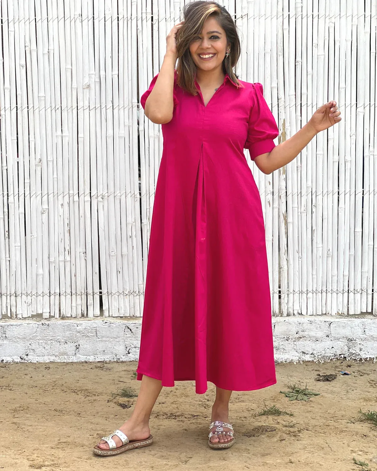 Fuchsia Cotton A-Line Dress