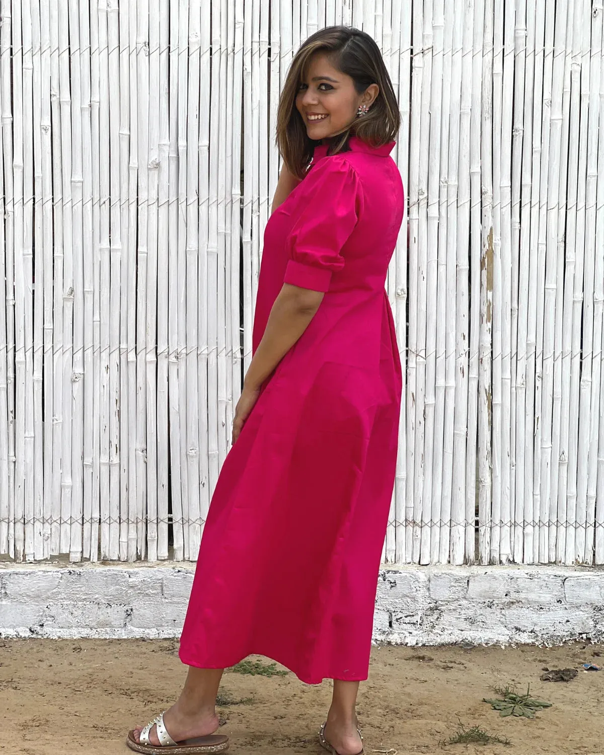 Fuchsia Cotton A-Line Dress