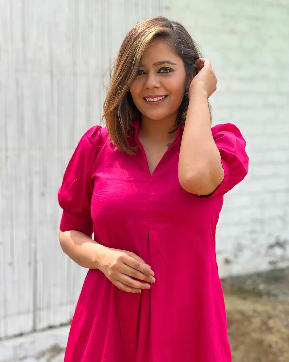 Fuchsia Cotton A-Line Dress