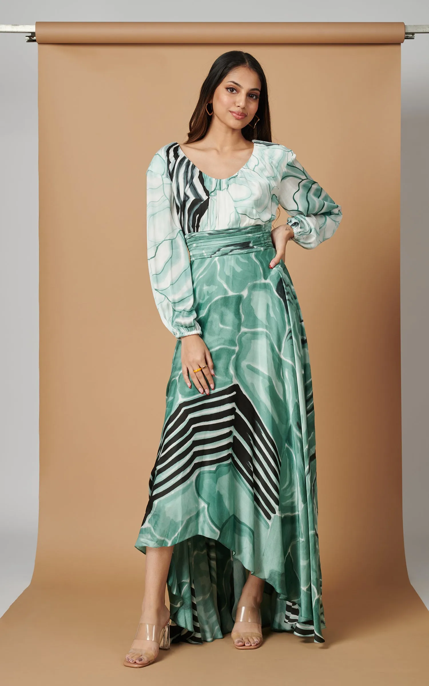 Green Abstract Printed Round Neck Long Dress