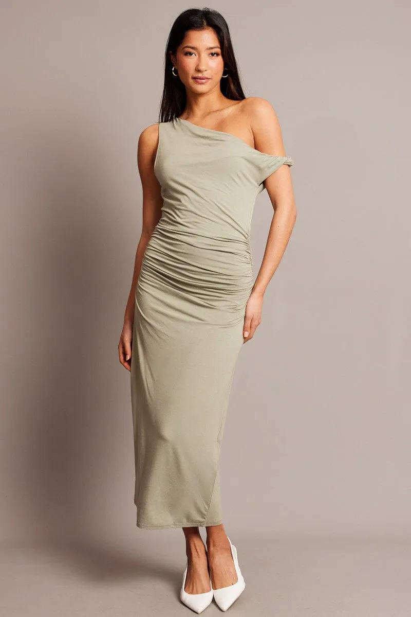 Green Bodycon Dress Twist off Shoulder Supersoft