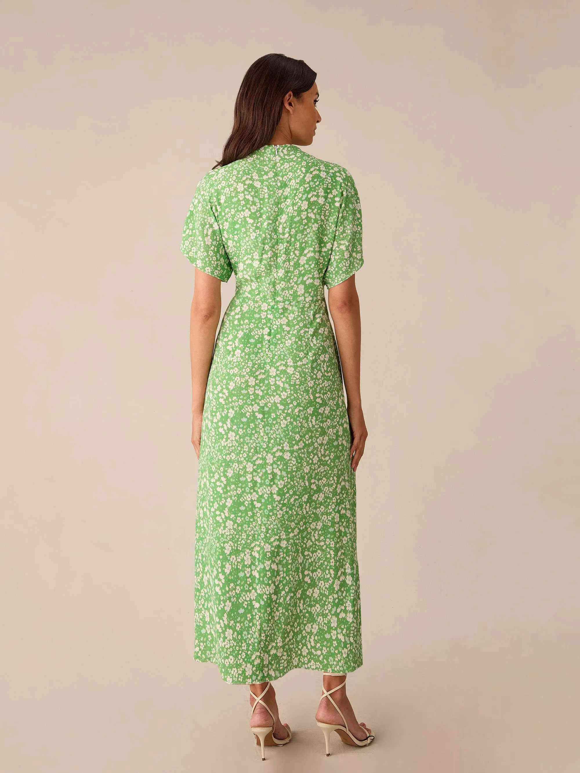 Green Ditsy Print Tuck Waist Midi Dress