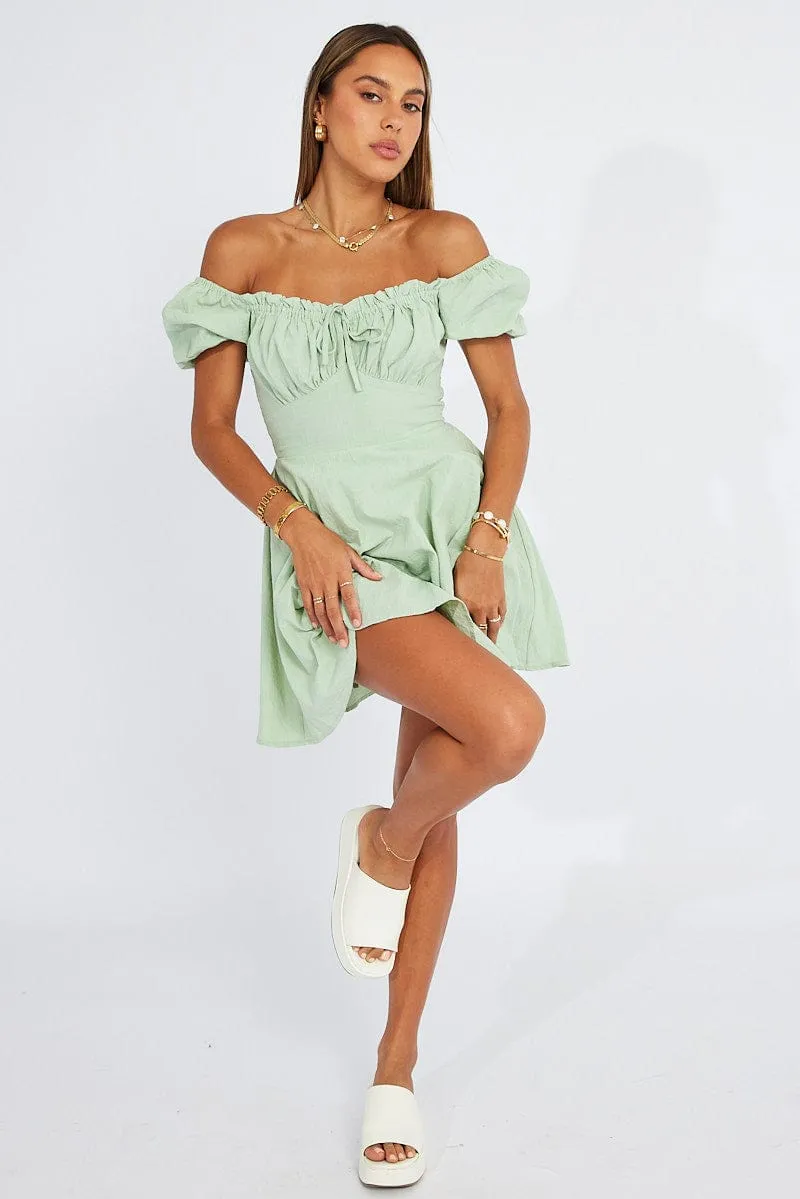 Green Fit And Flare Dress Puff Sleeve Mini