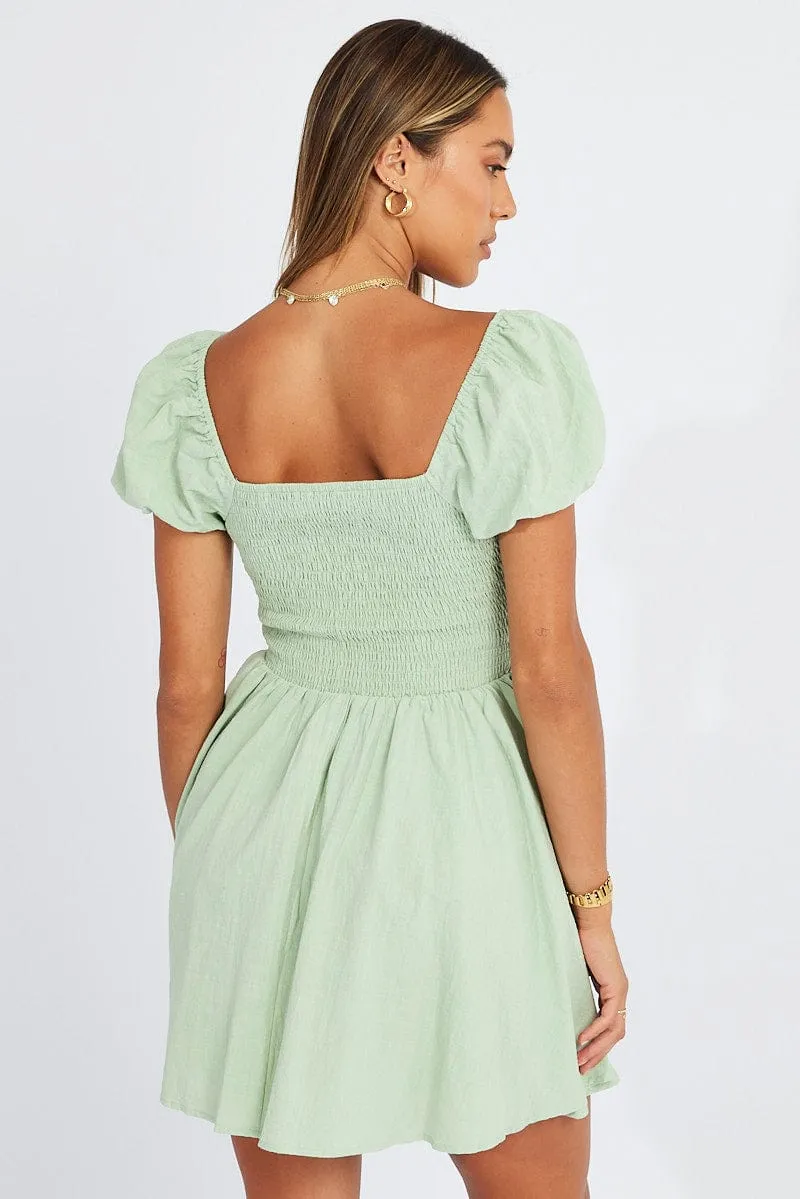 Green Fit And Flare Dress Puff Sleeve Mini