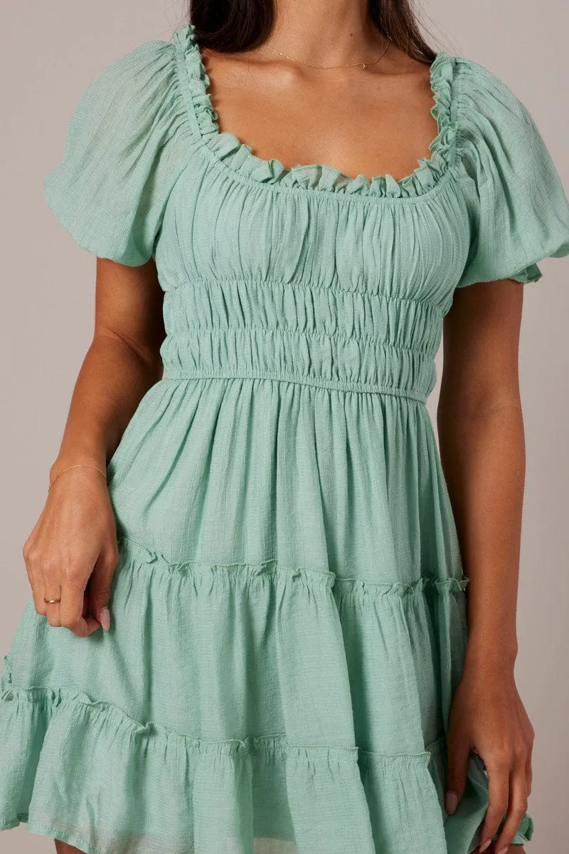 Green Fit And Flare Dress Puff Sleeve