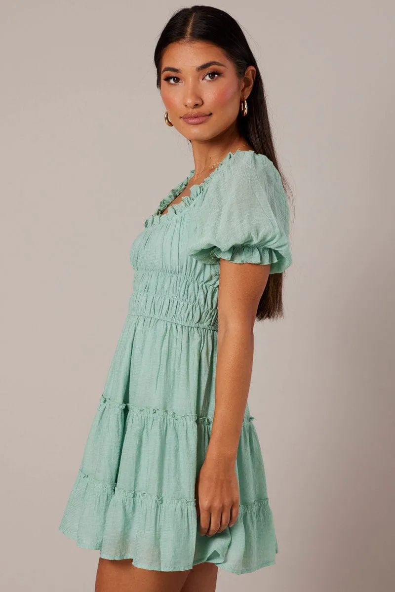 Green Fit And Flare Dress Puff Sleeve