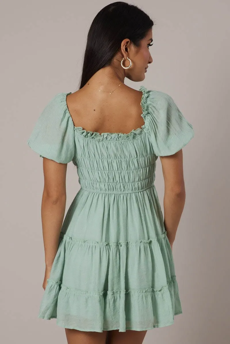 Green Fit And Flare Dress Puff Sleeve