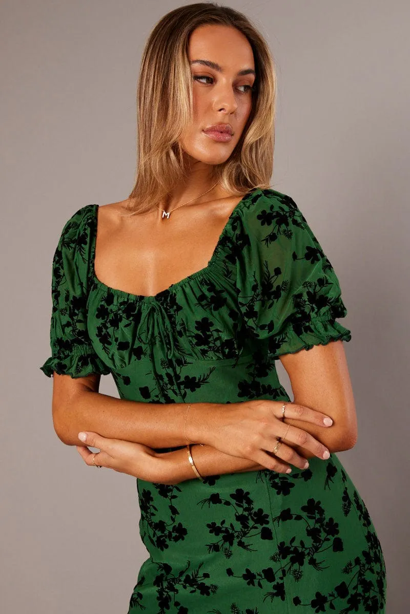 Green Midi Dress Puff Sleeve Burn Out