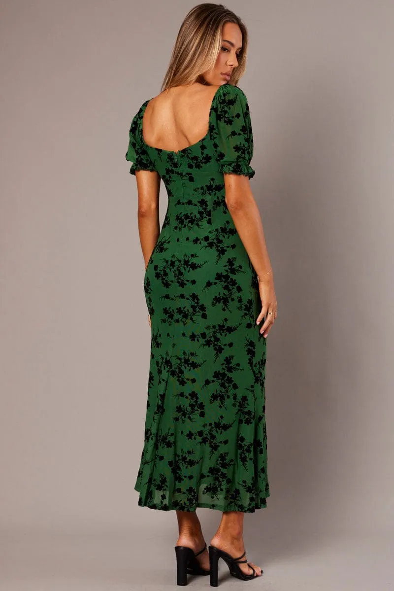 Green Midi Dress Puff Sleeve Burn Out