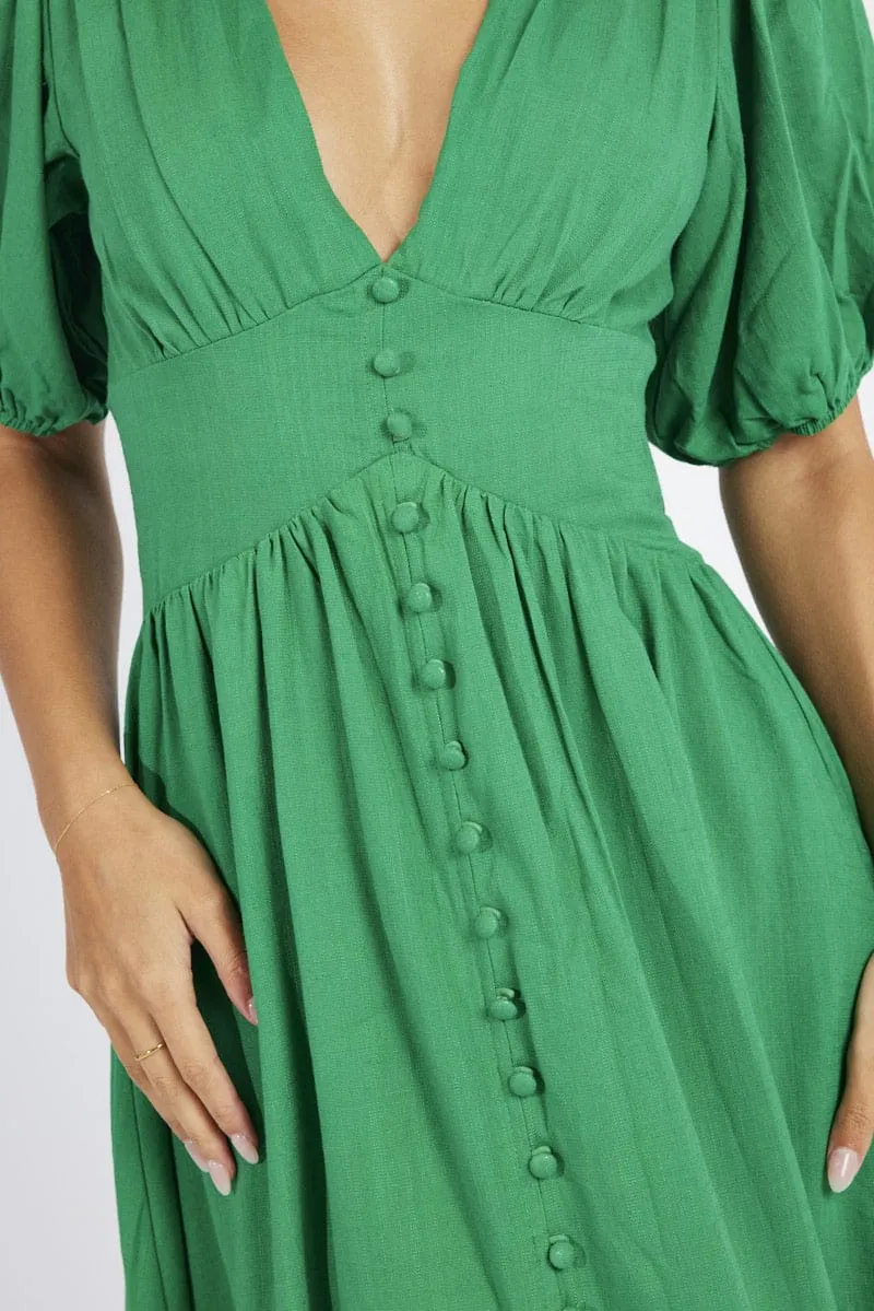 Green Midi Dress Puff Sleeve