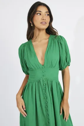 Green Midi Dress Puff Sleeve