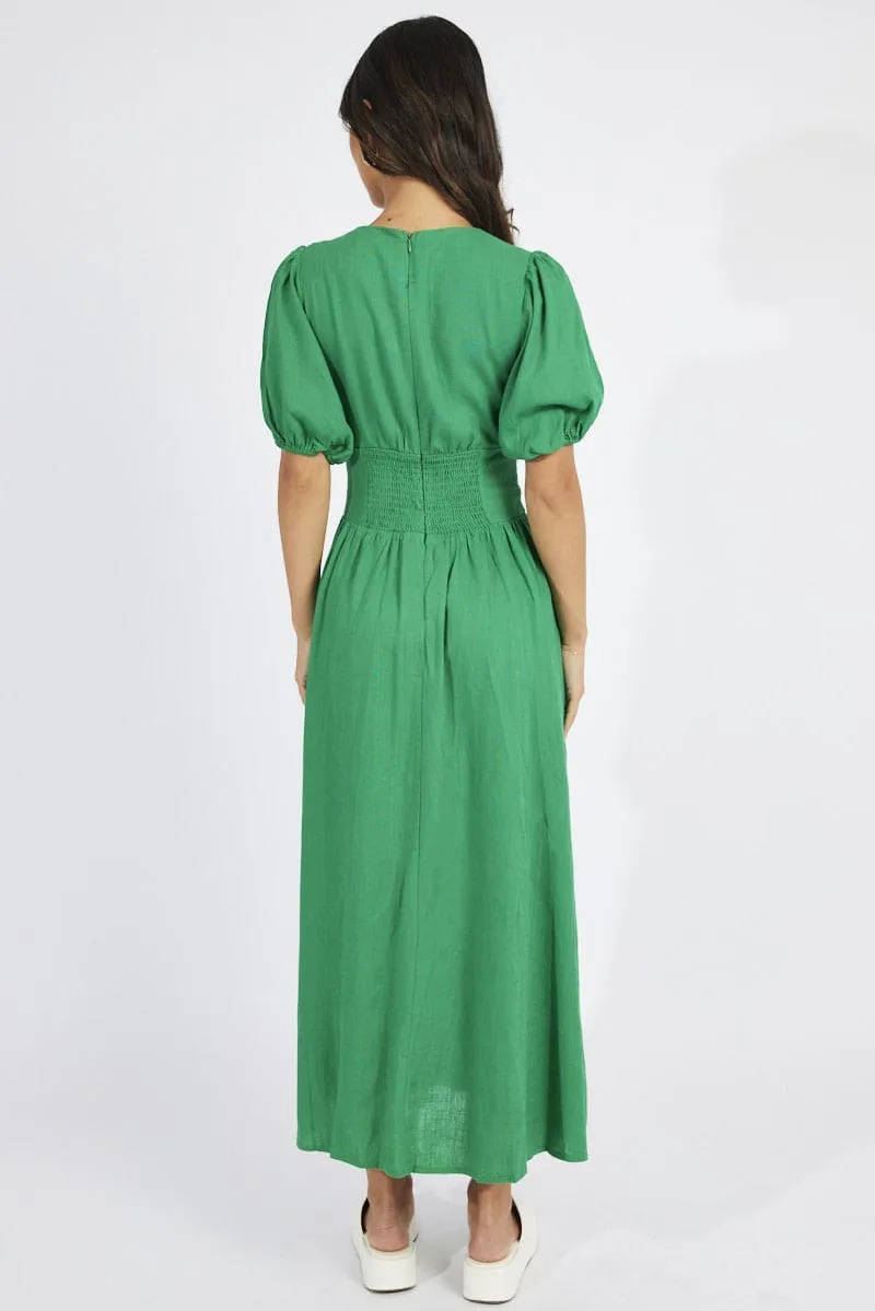 Green Midi Dress Puff Sleeve