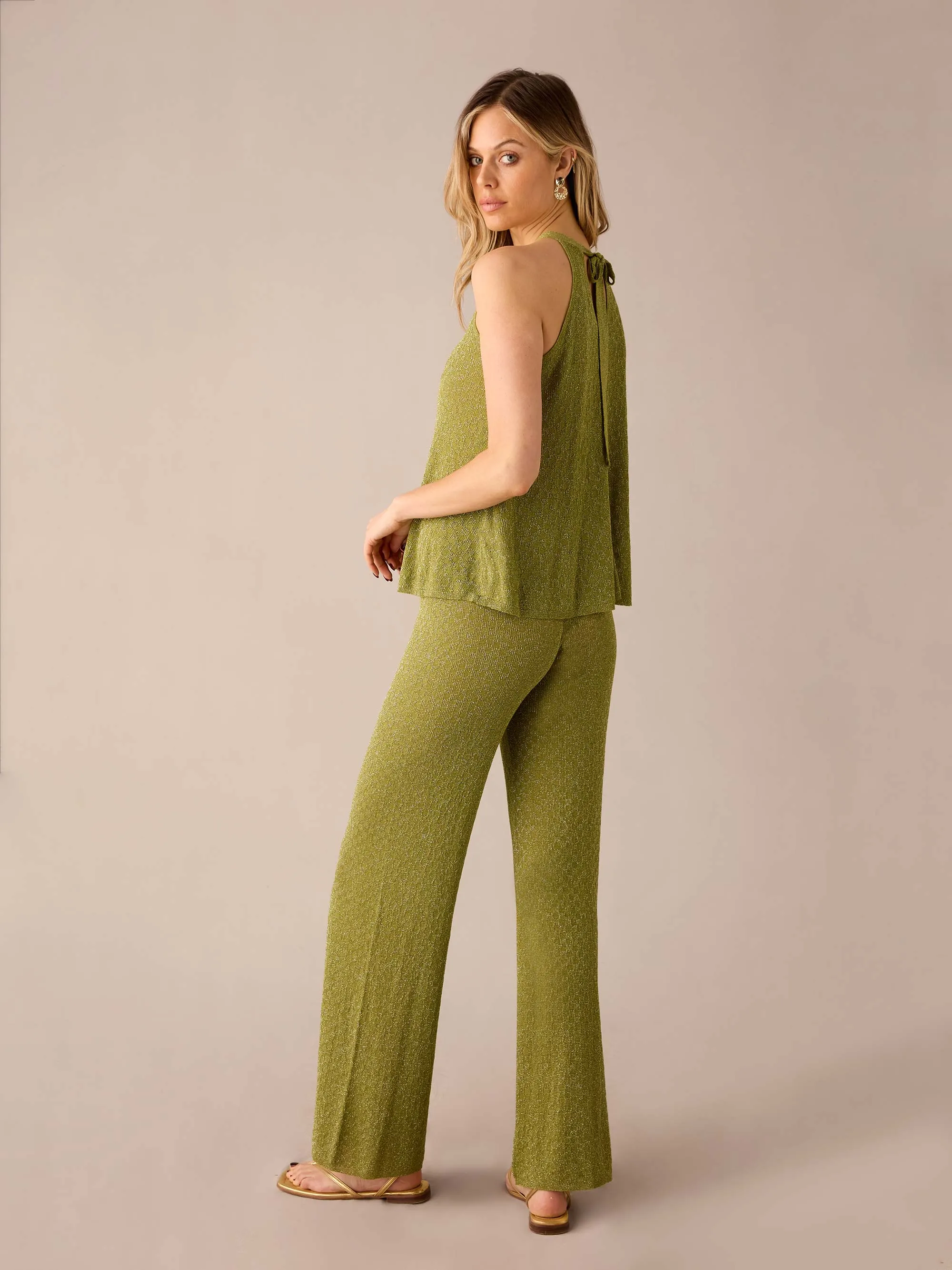 Green Sheer Lurex Knit Flared Trousers