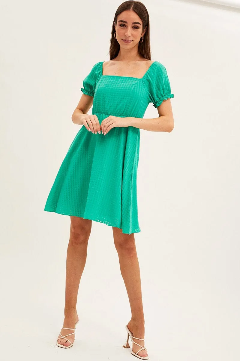 Green Square Neck Puff Sleeve Skater Dress