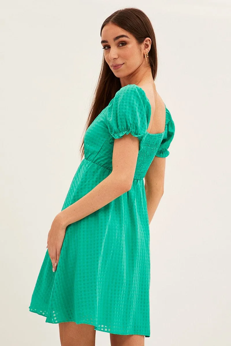 Green Square Neck Puff Sleeve Skater Dress