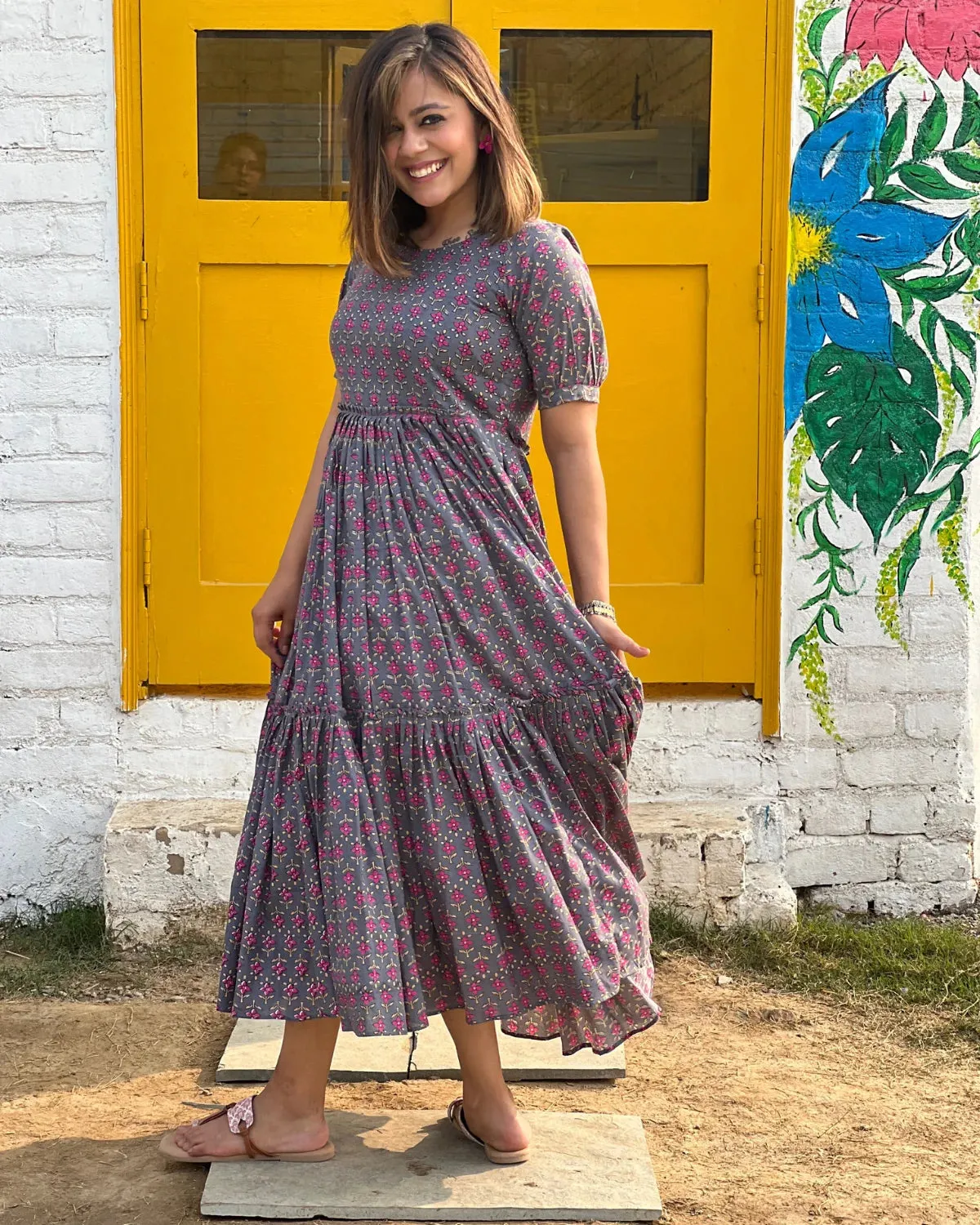 Grey Floral Tiered Cotton Maxi Dress