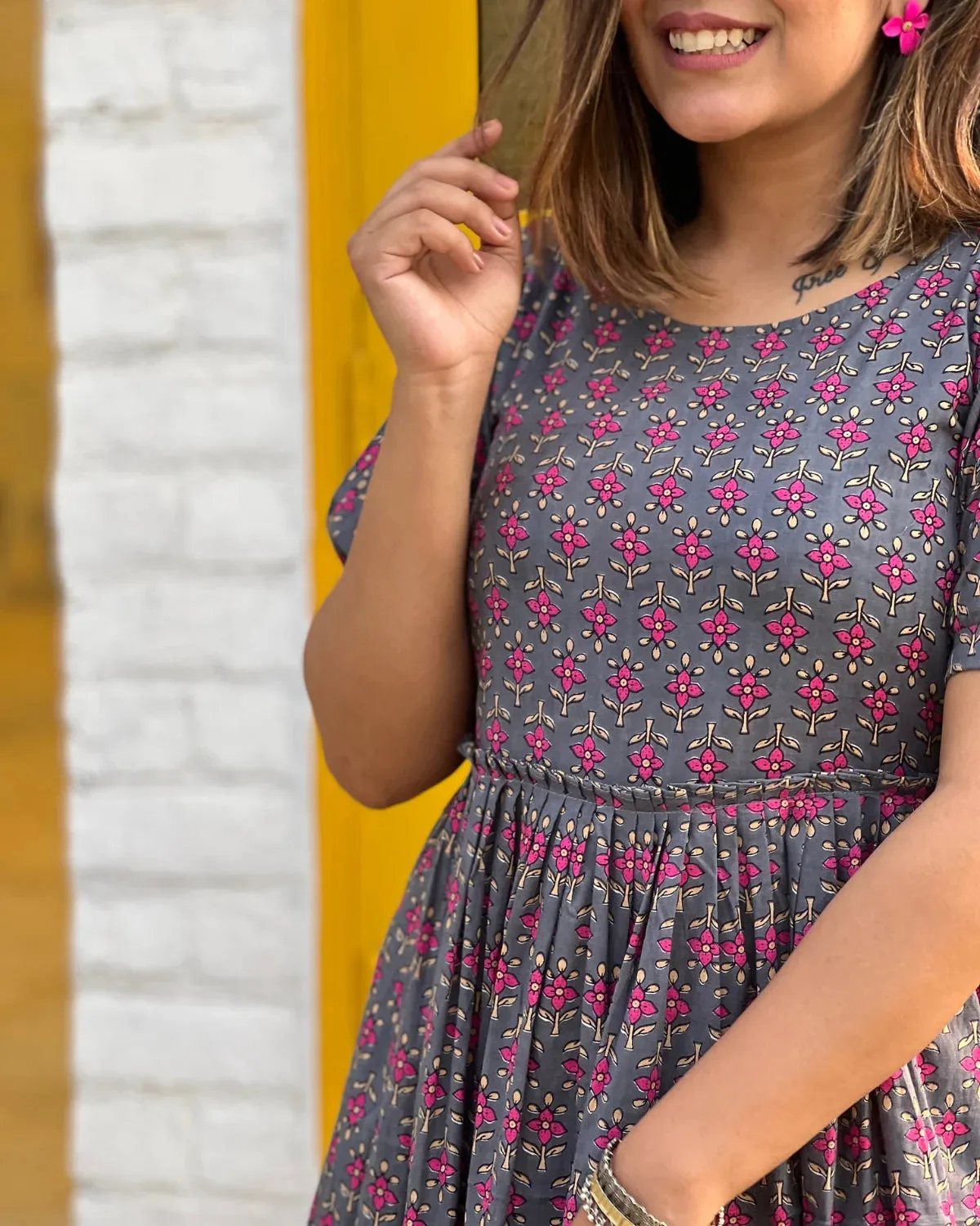 Grey Floral Tiered Cotton Maxi Dress