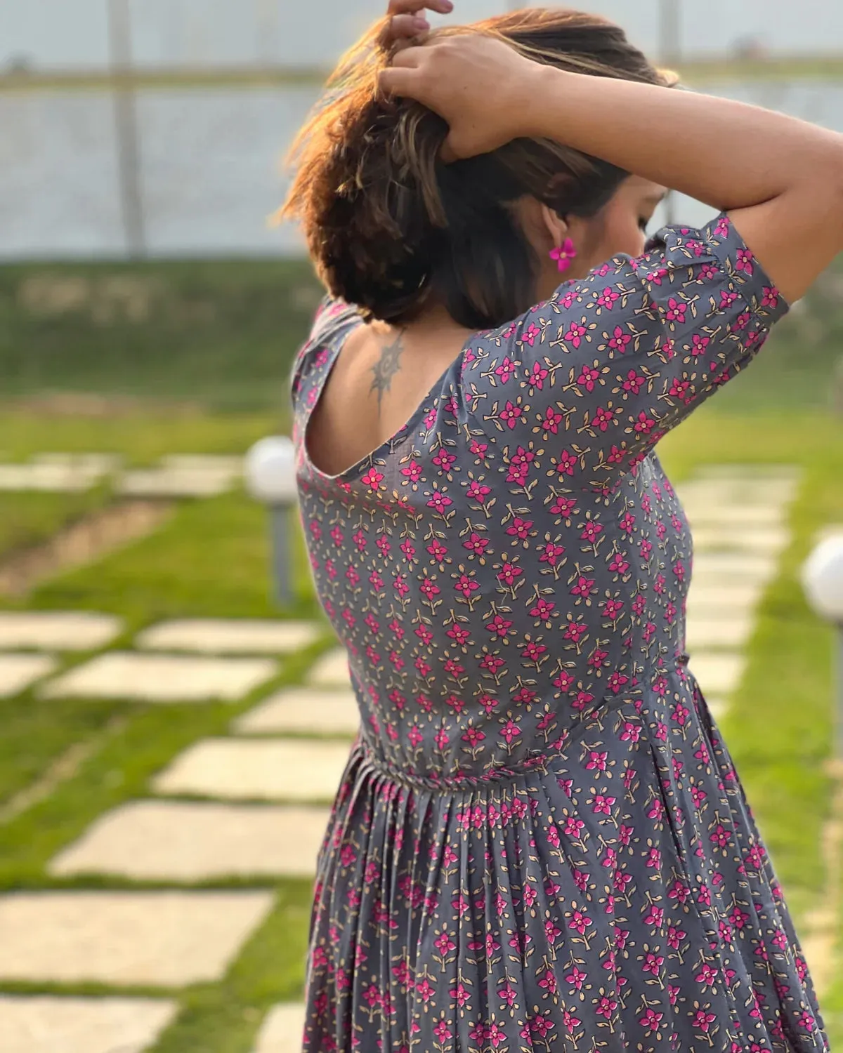 Grey Floral Tiered Cotton Maxi Dress