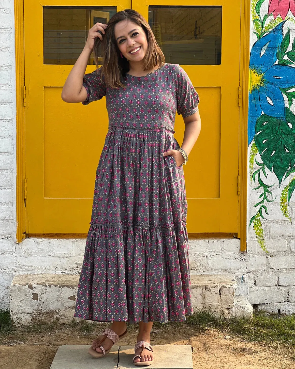 Grey Floral Tiered Cotton Maxi Dress