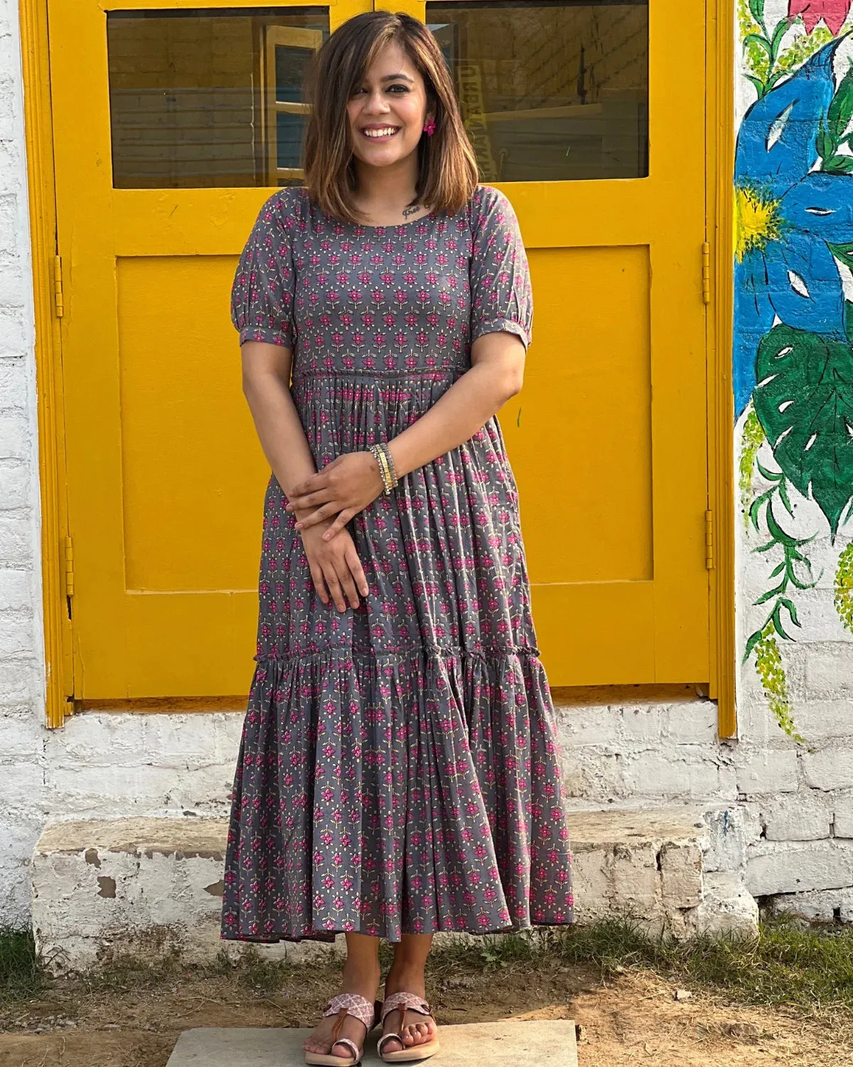 Grey Floral Tiered Cotton Maxi Dress