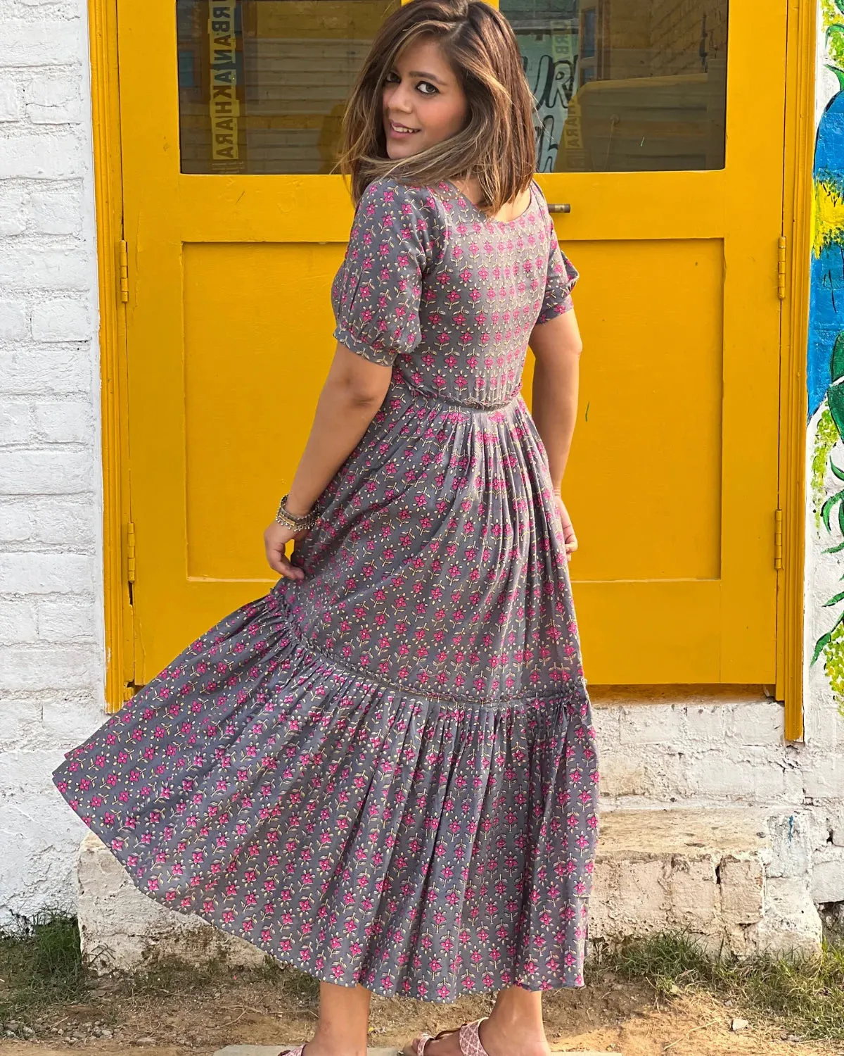 Grey Floral Tiered Cotton Maxi Dress