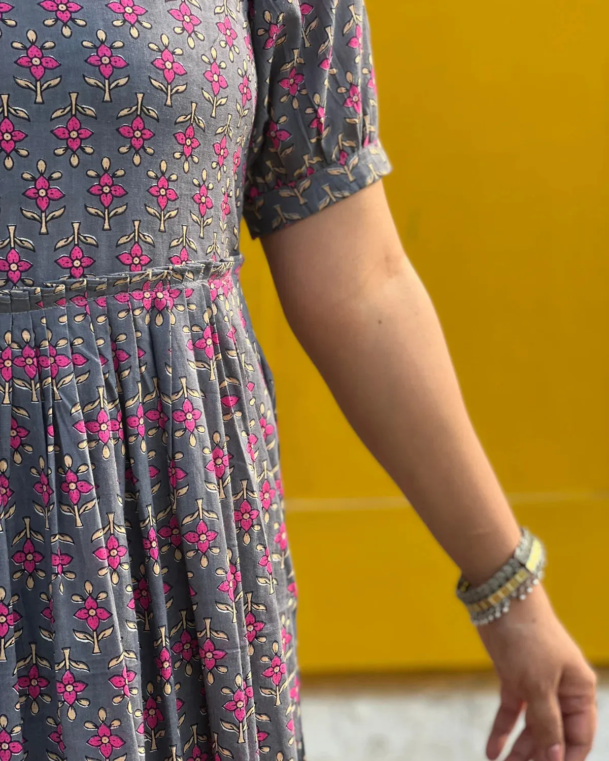 Grey Floral Tiered Cotton Maxi Dress