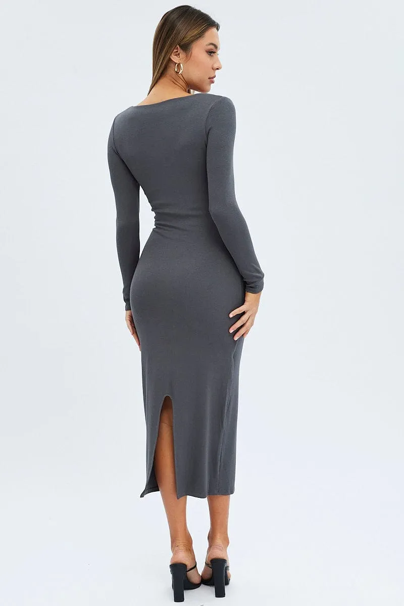 Grey Midi Dress Long Sleeve Bodycon Ribbed