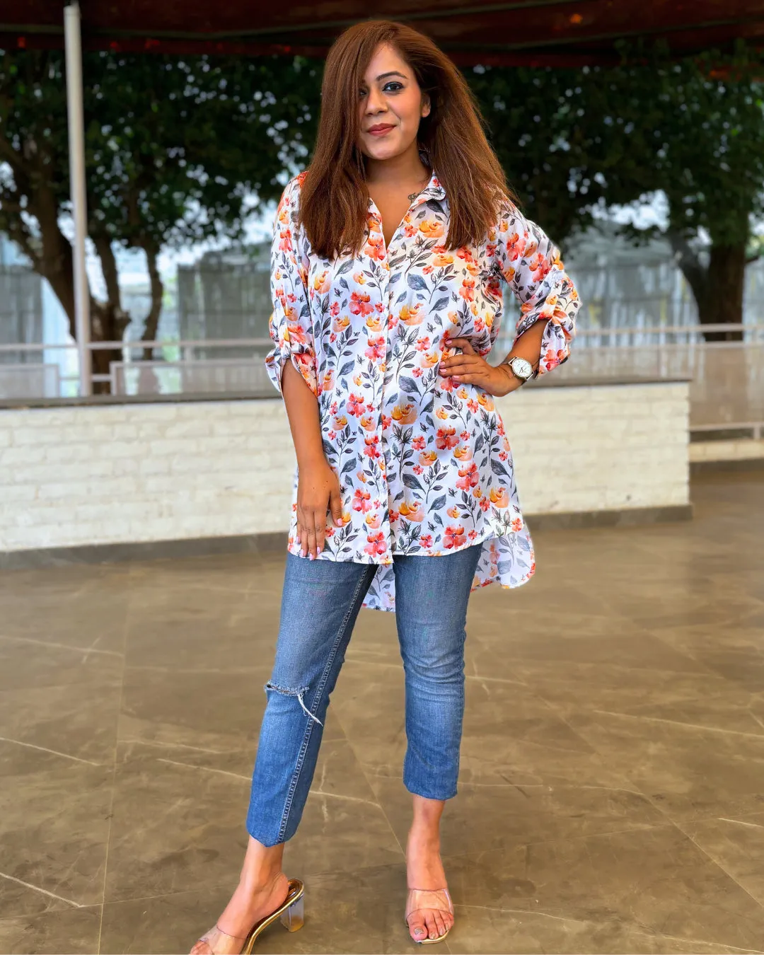 Ivory Floral Printed Satin Aline Shirt