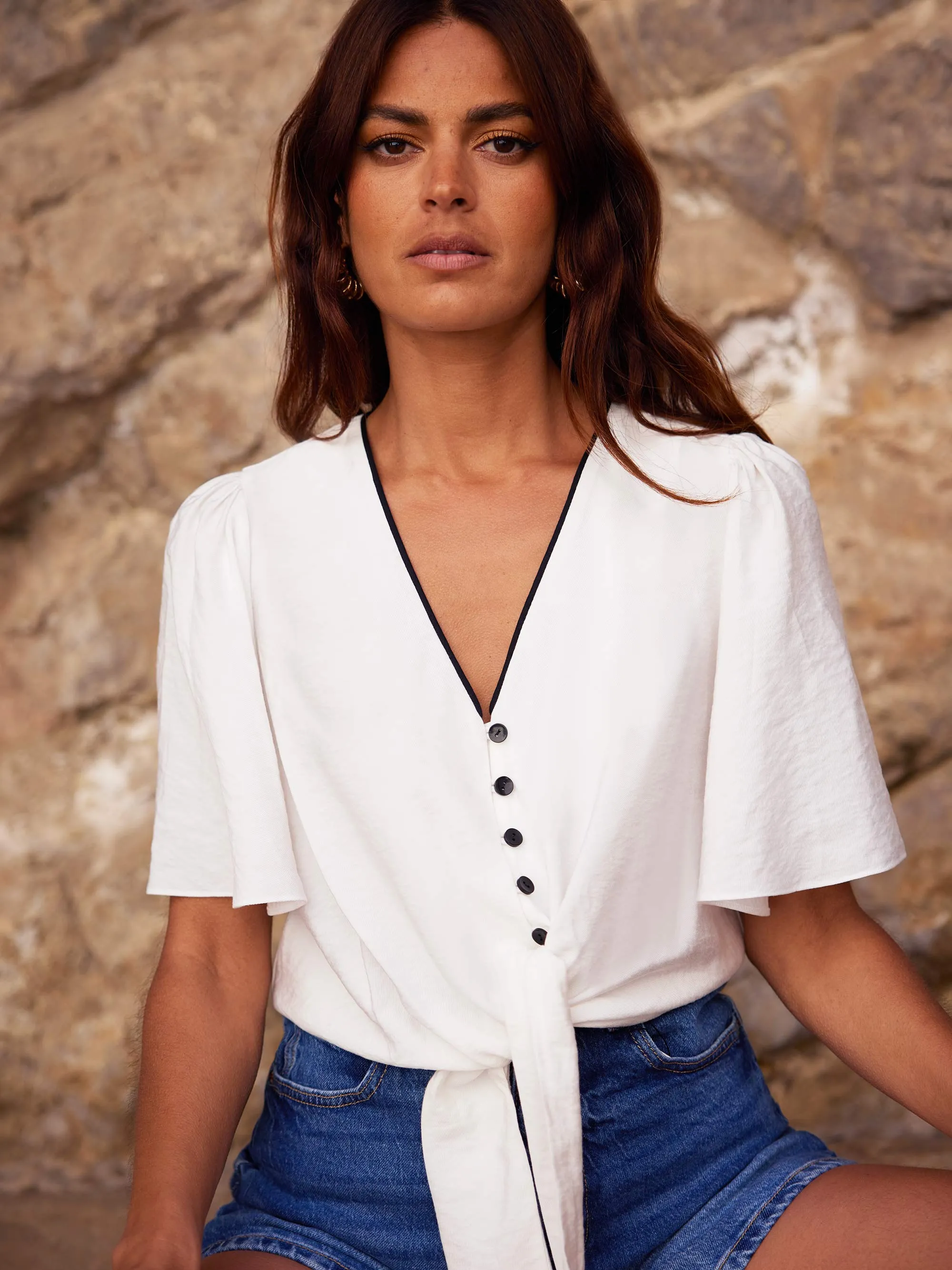 Ivory Flutter Sleeve Tie Front Top