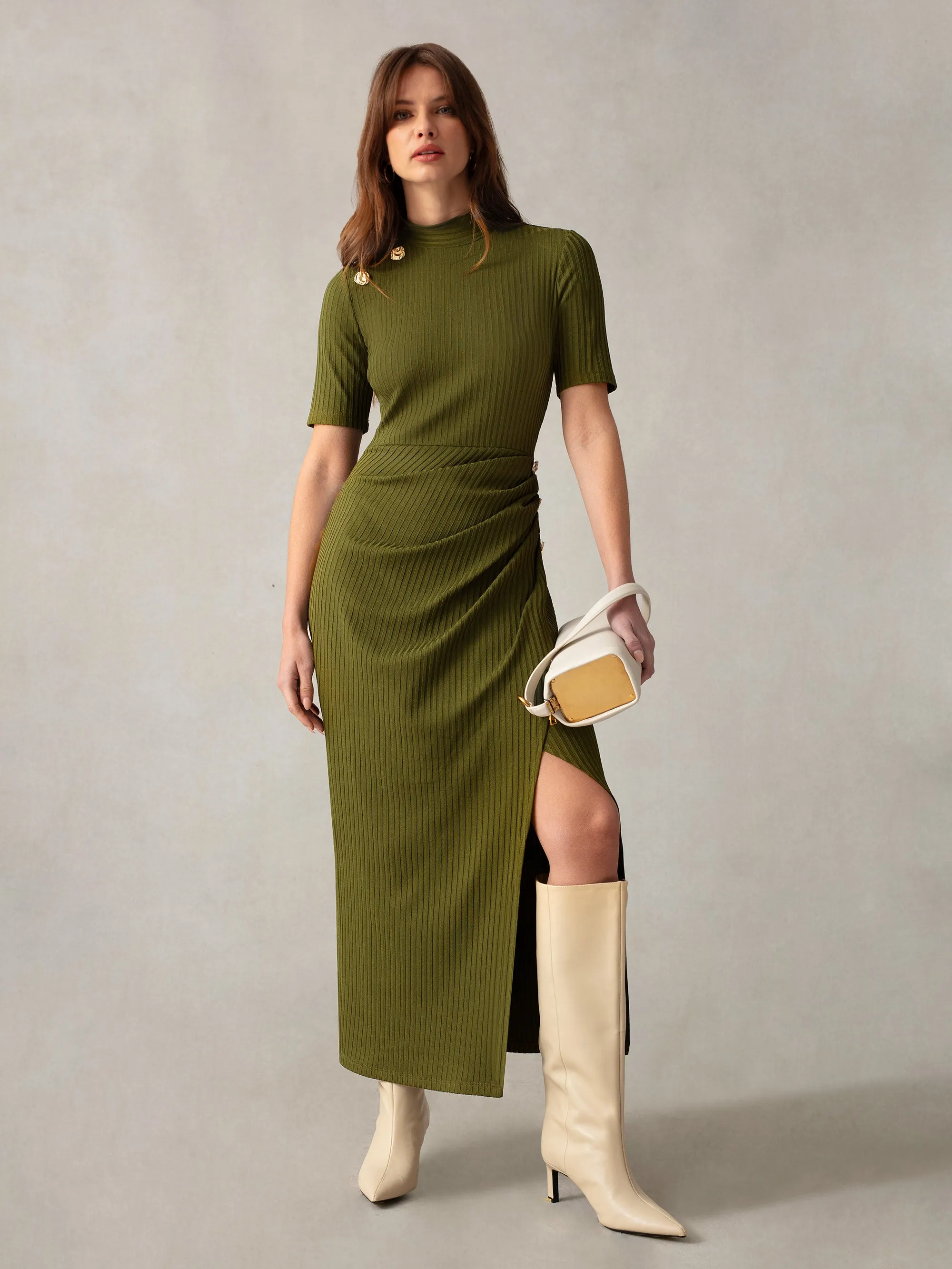 Khaki Ribbed Split Front Dress