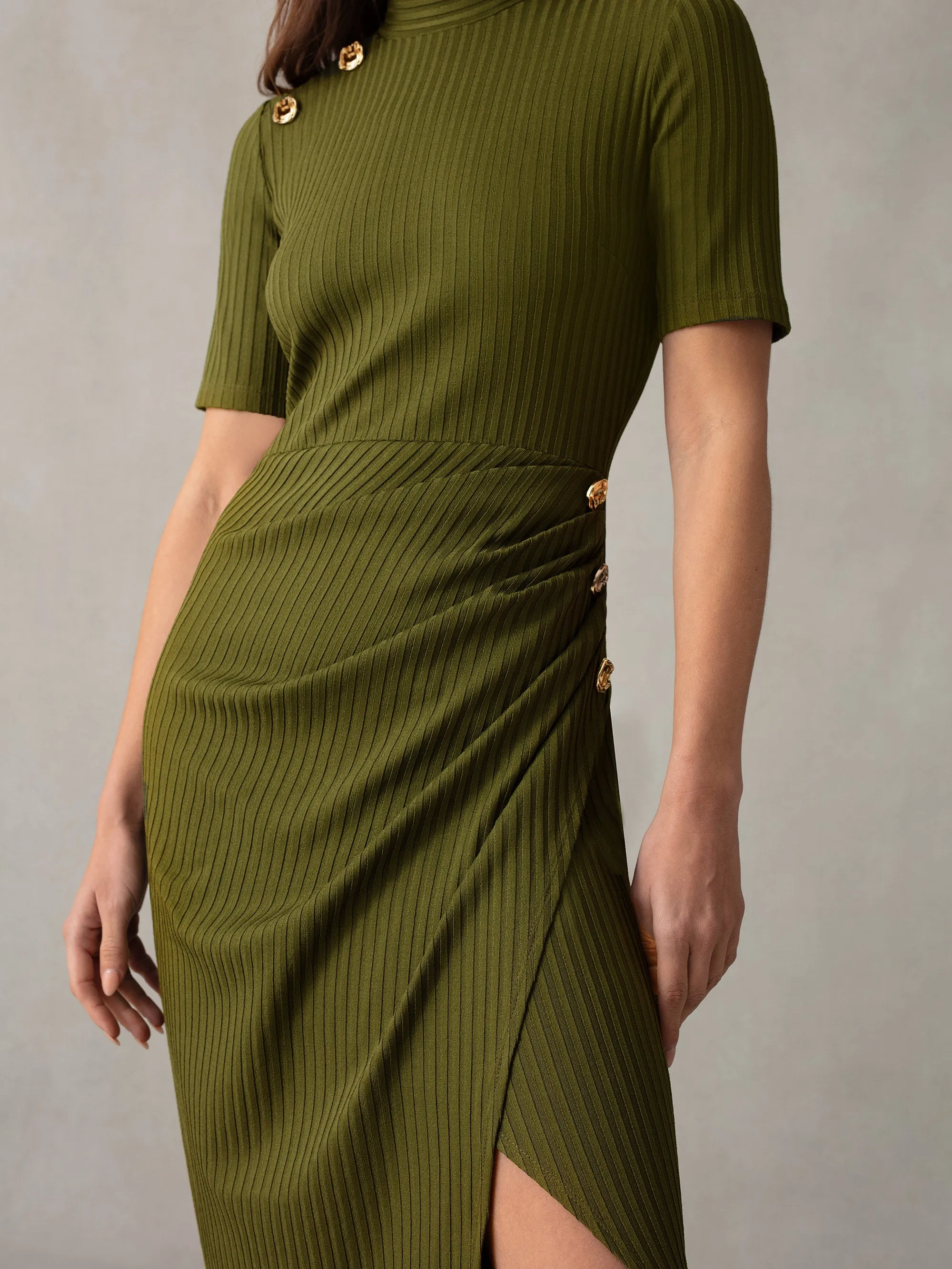 Khaki Ribbed Split Front Dress