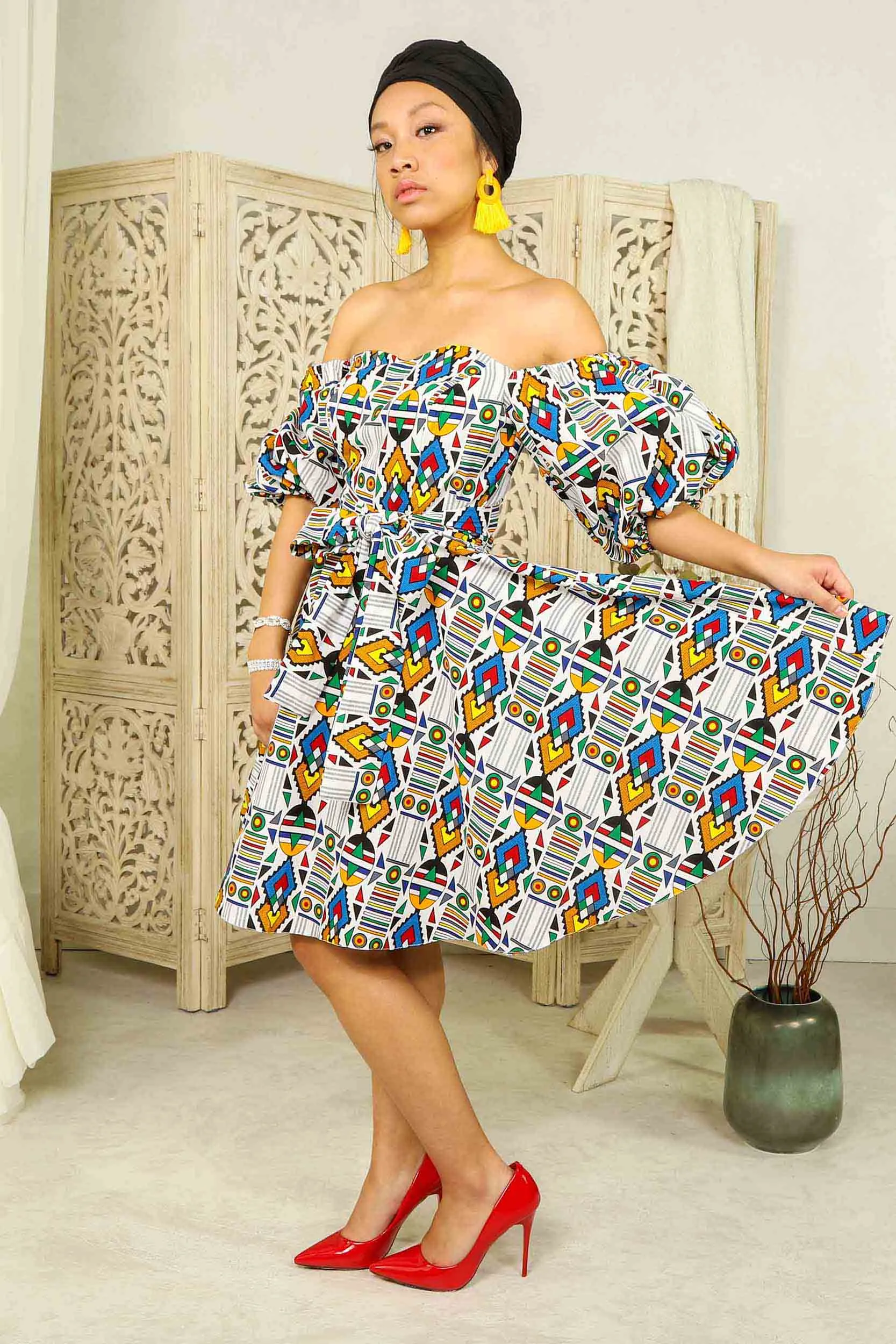 LABELLE African Print Mini Dress (Puff Sleeves)