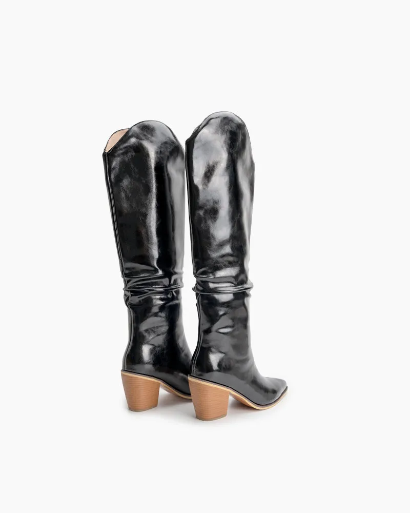 Leather Knee High Chunky Western Boot