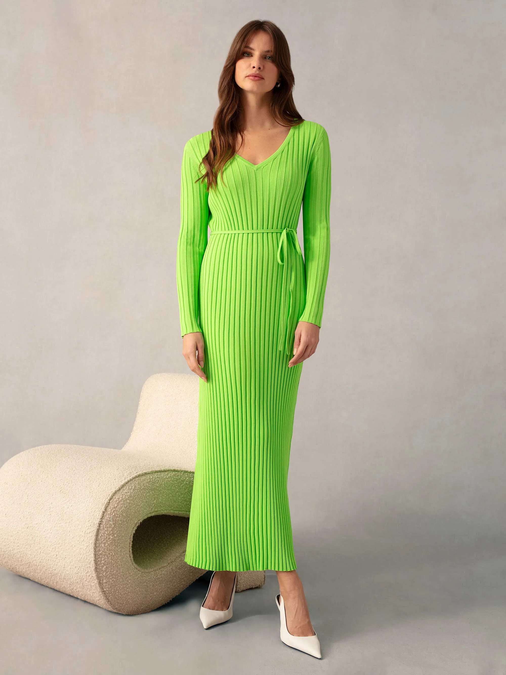 Lime Wide Rib Knit V-Neck Maxi Dress