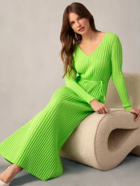 Lime Wide Rib Knit V-Neck Maxi Dress