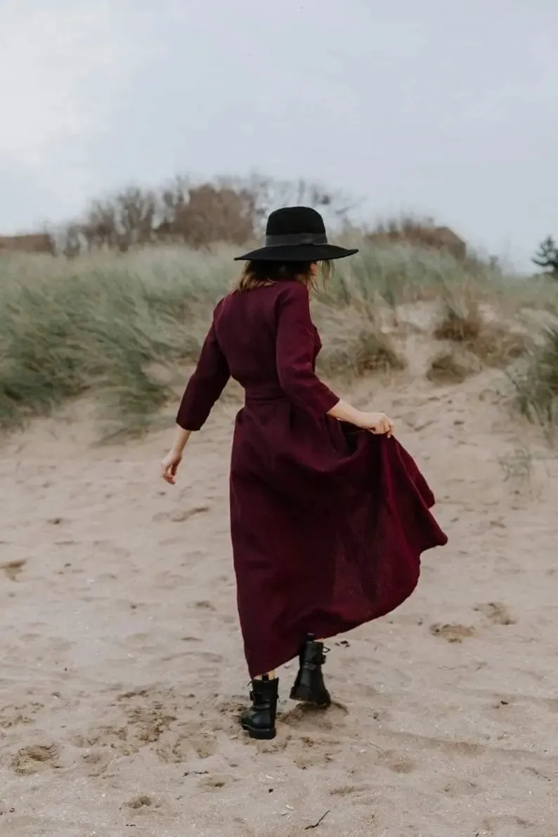 Long Wrap Linen Dress in Dark Cherry