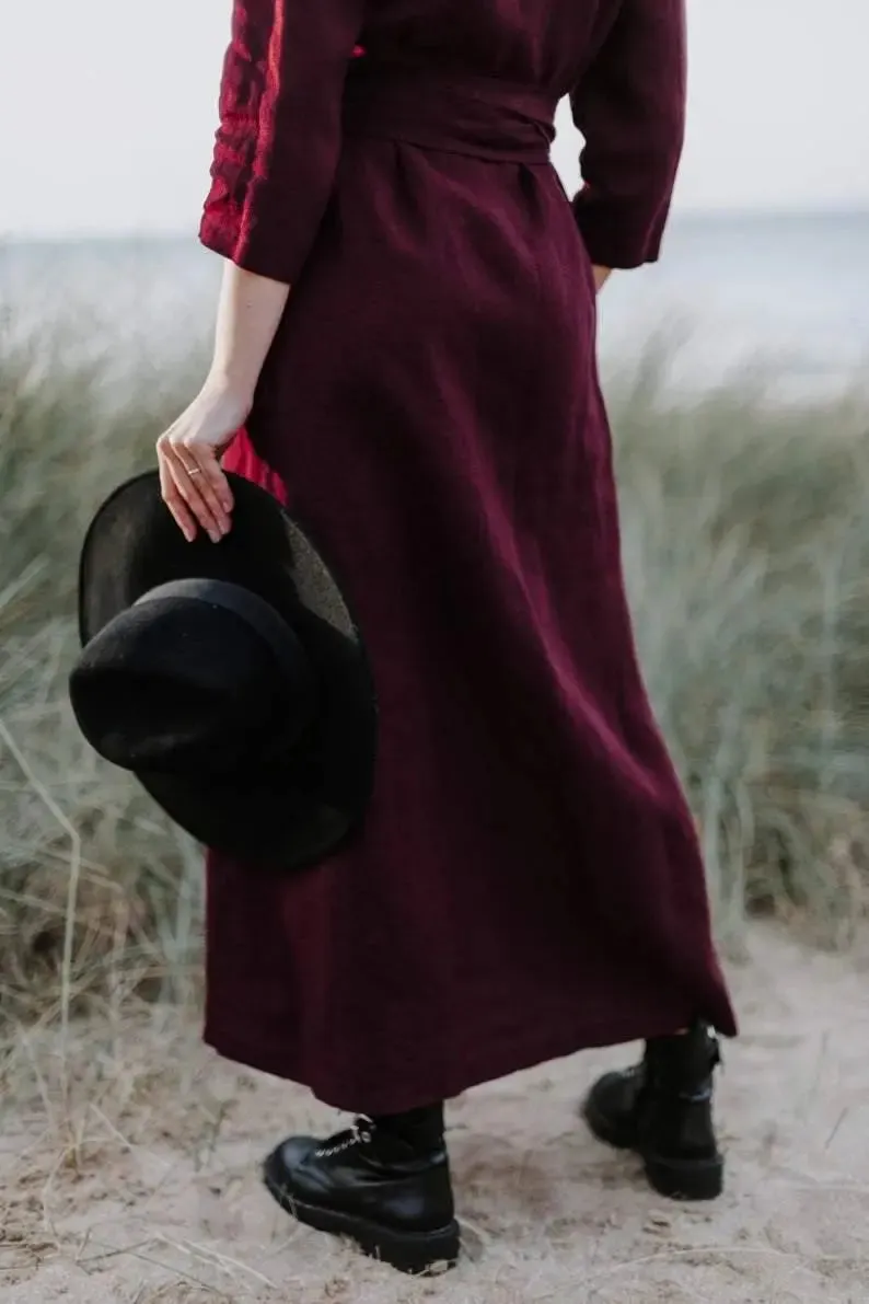 Long Wrap Linen Dress in Dark Cherry