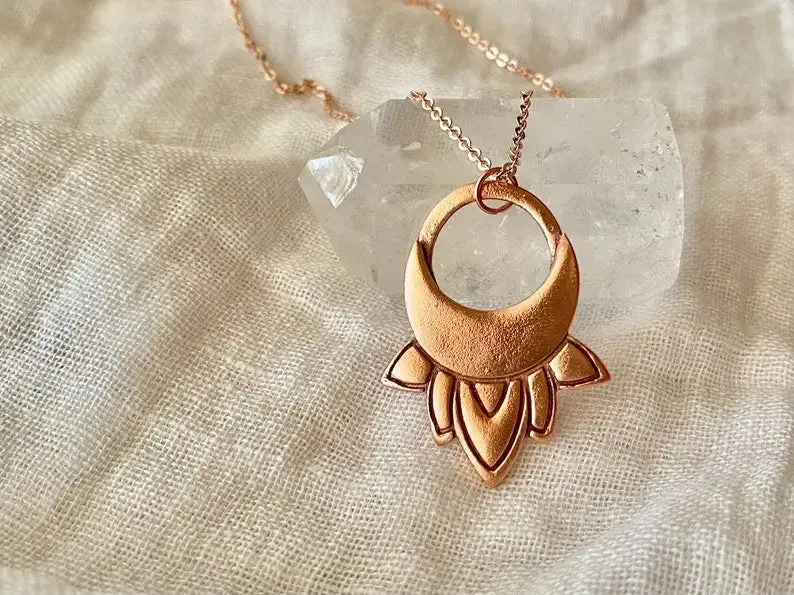 Lotus moon copper pendant with rose gold chain by Earth Fire Jewellery