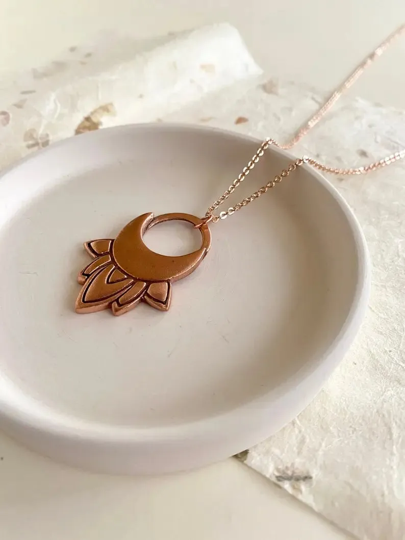 Lotus moon copper pendant with rose gold chain by Earth Fire Jewellery