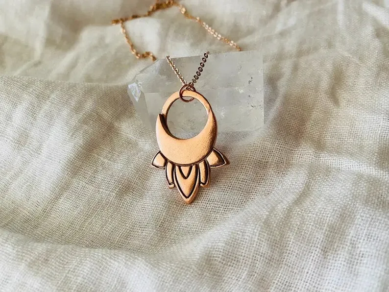 Lotus moon copper pendant with rose gold chain by Earth Fire Jewellery