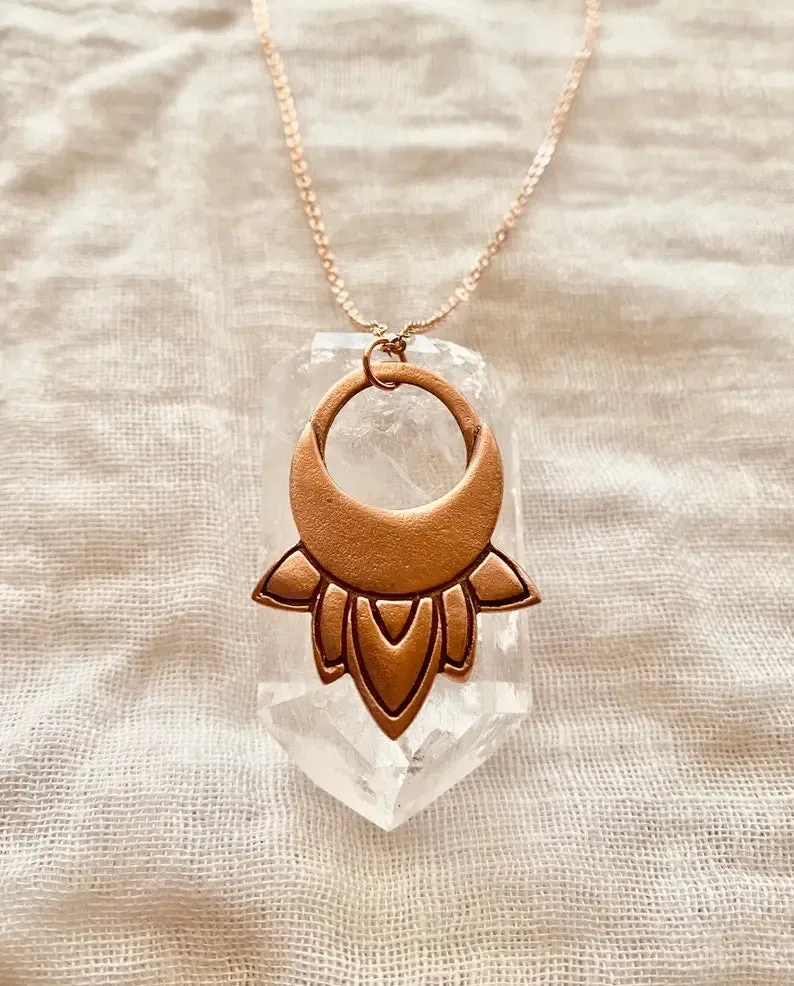 Lotus moon copper pendant with rose gold chain by Earth Fire Jewellery