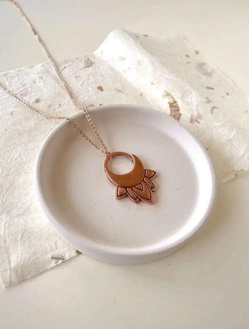 Lotus moon copper pendant with rose gold chain by Earth Fire Jewellery